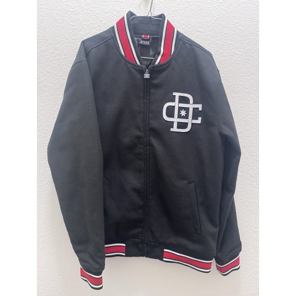 DC Shoes Black Red White Varsity Jacket Full Zip Logo Accents Band Collar Size L